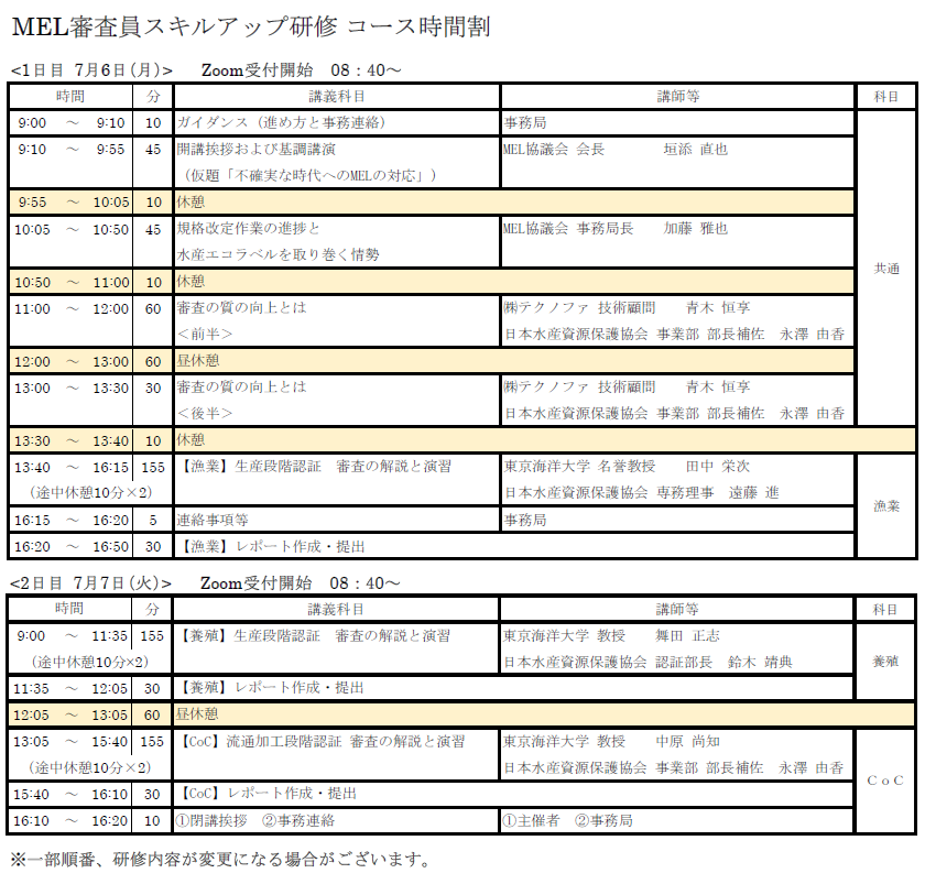 MEL審査員スキルアップ研修コース時間割