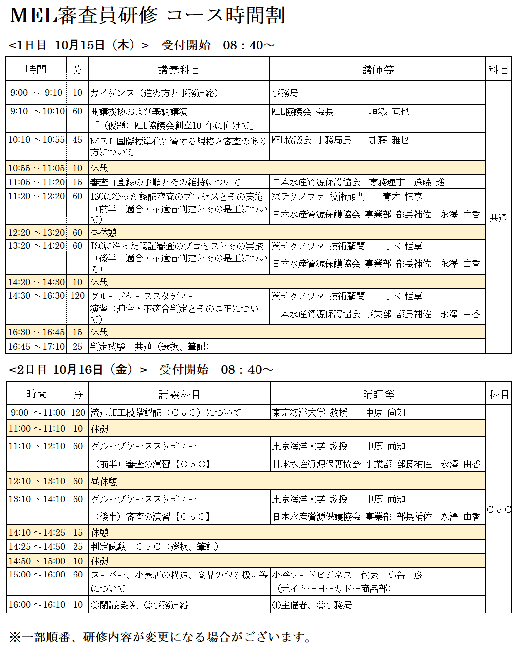 MEL審査員研修コースカリキュラム